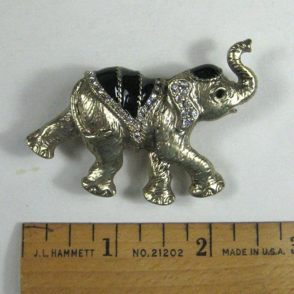 Circus Elephant Brooch Silvertone Pin Animal Circus Rhinestones Black Enamel 2" - Picture 2 of 4